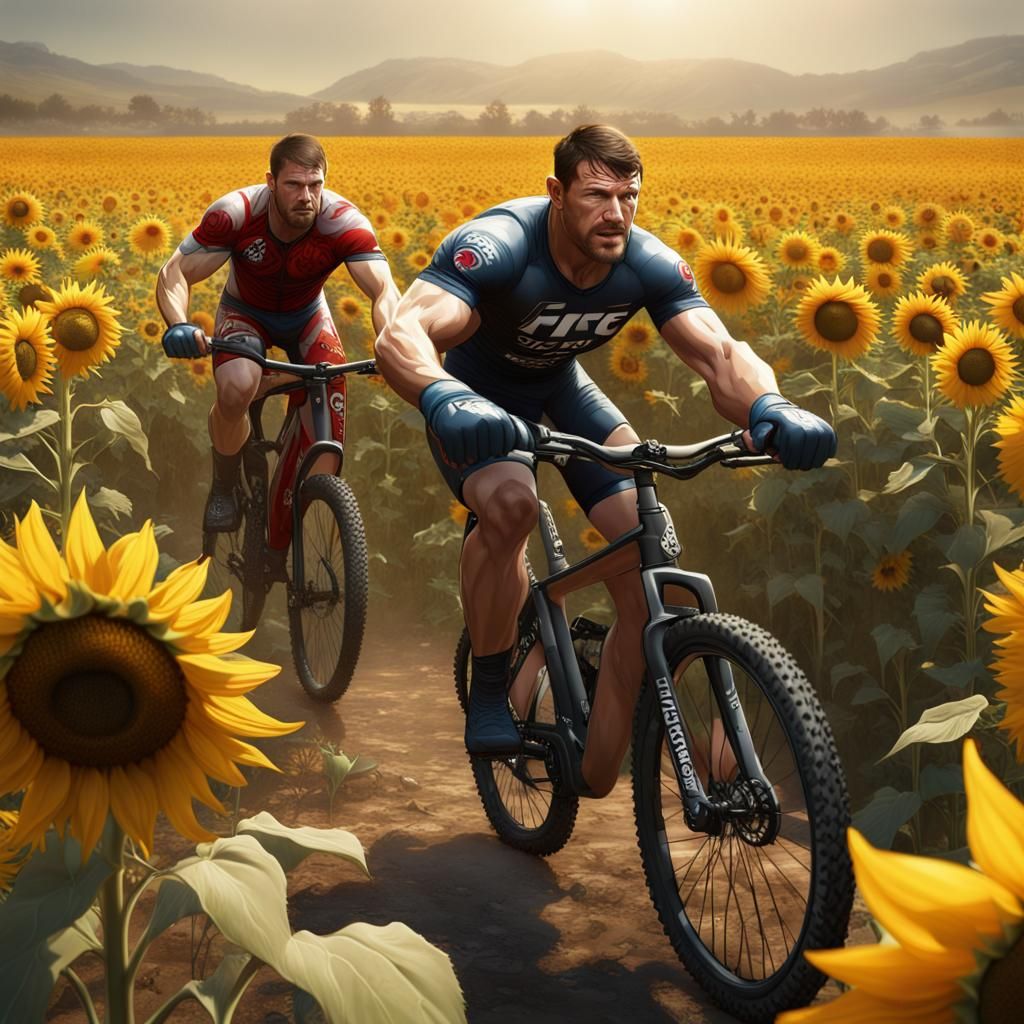 Bisping Rides Bike in Sunflower Field, Impressionism