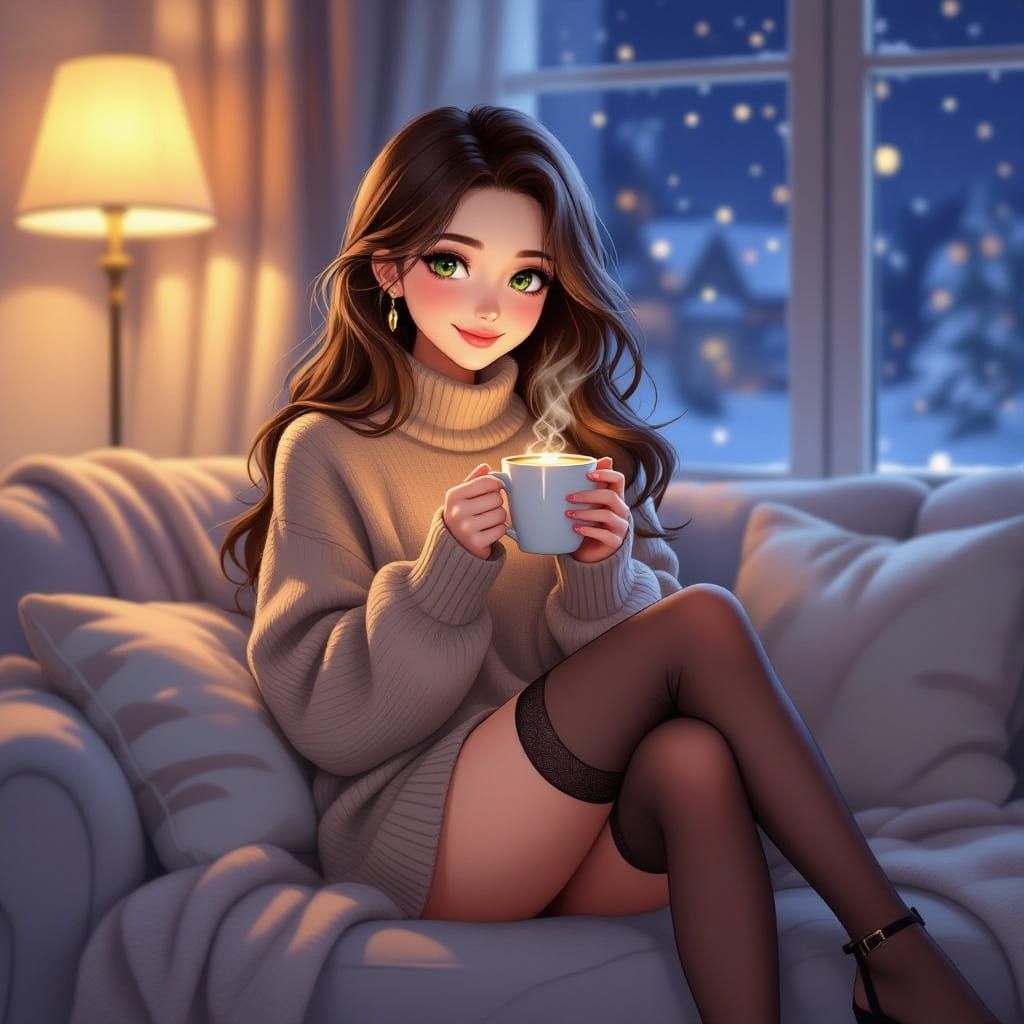 Evelyn Enjoys a Cozy Winter Night With Hot Chocolate