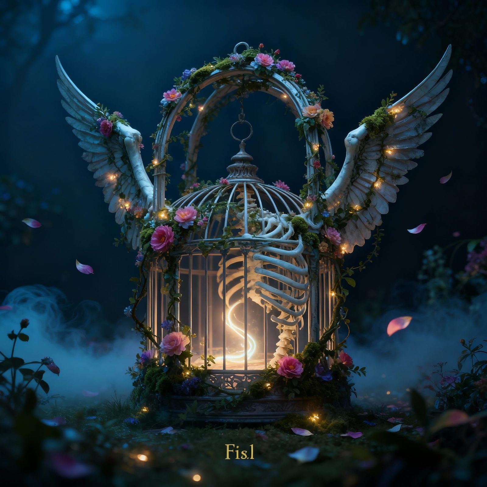 Ribcage Birdcage with Blooming Wings in Misty Garden