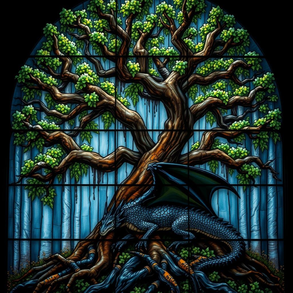 Fantasy Stained Glass: Dragon Asleep Beneath Ash Tree