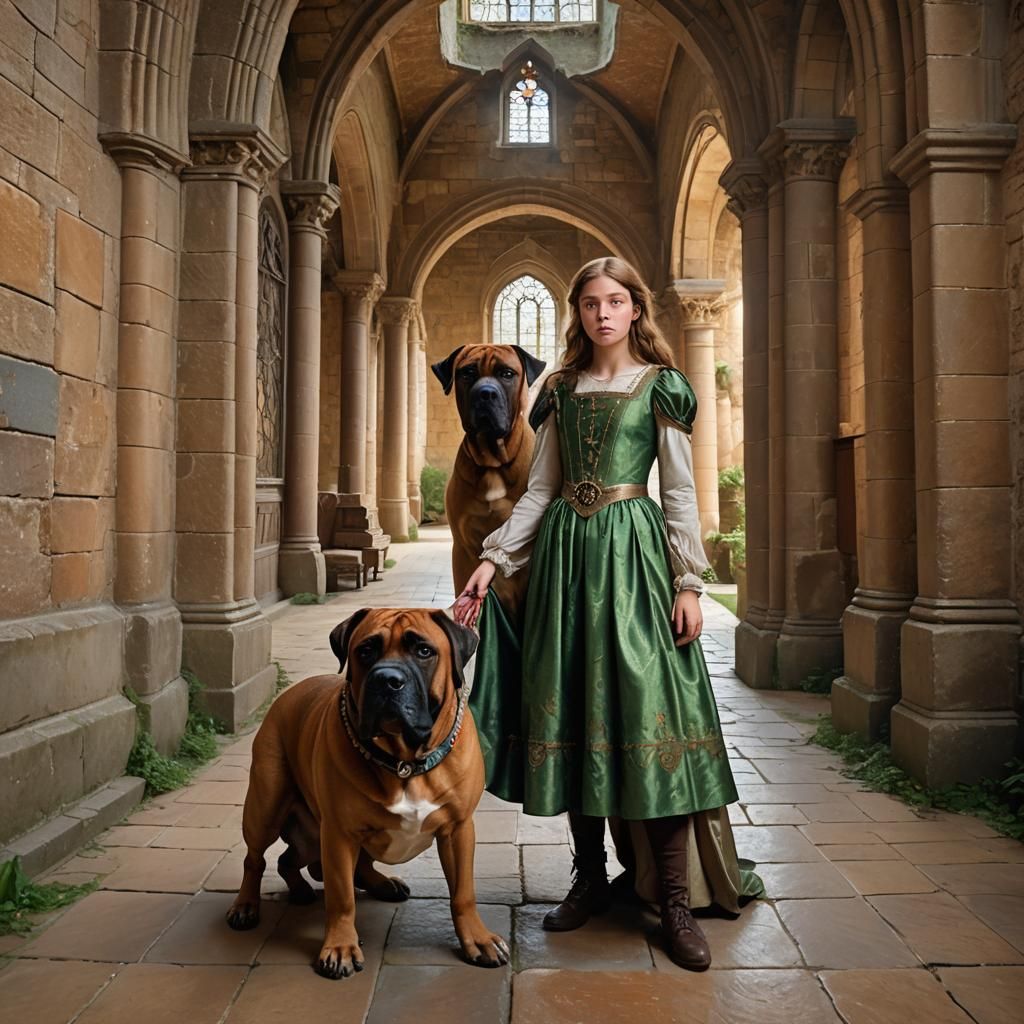 Girl with Boerboel Dogs in Castle, Pre-Raphaelite Style
