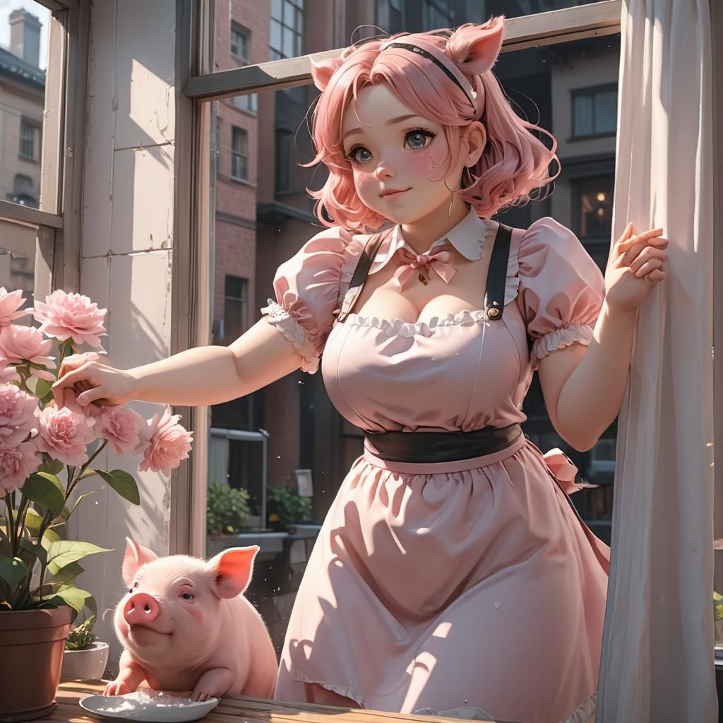 Anime Pig Maid Washing Windows in 3D