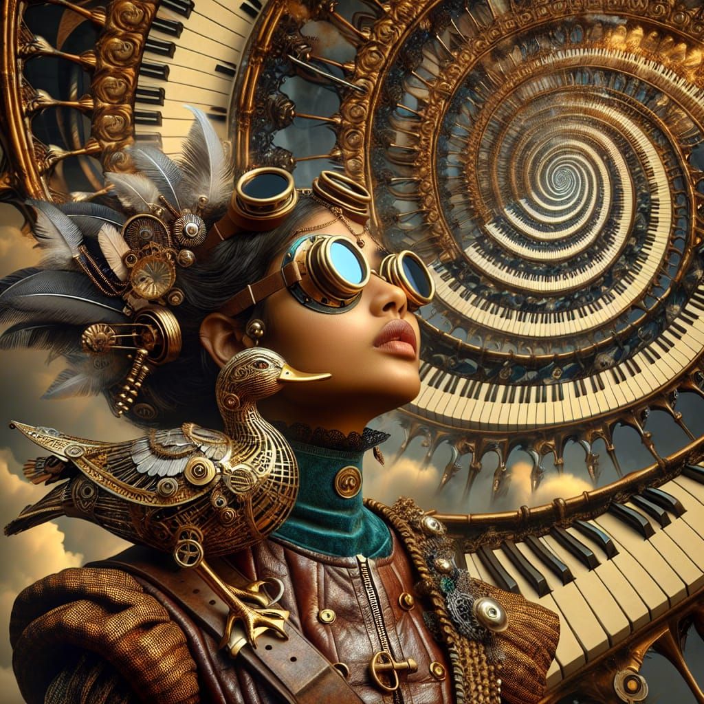 Steampunk Girl with Mechanical Duck and Spiral Staircase