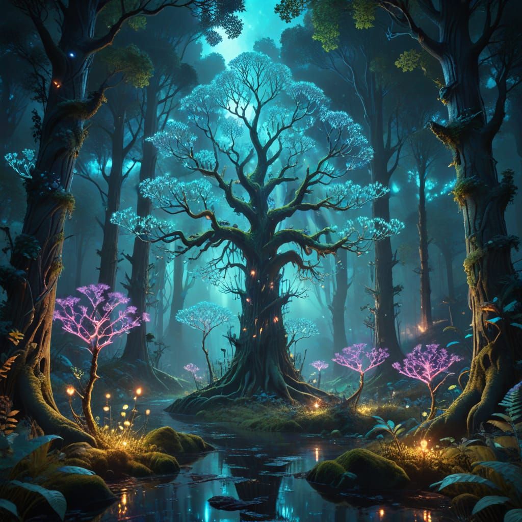 Surreal Bioluminescent Forest Unveils Infinite Patterns of L...