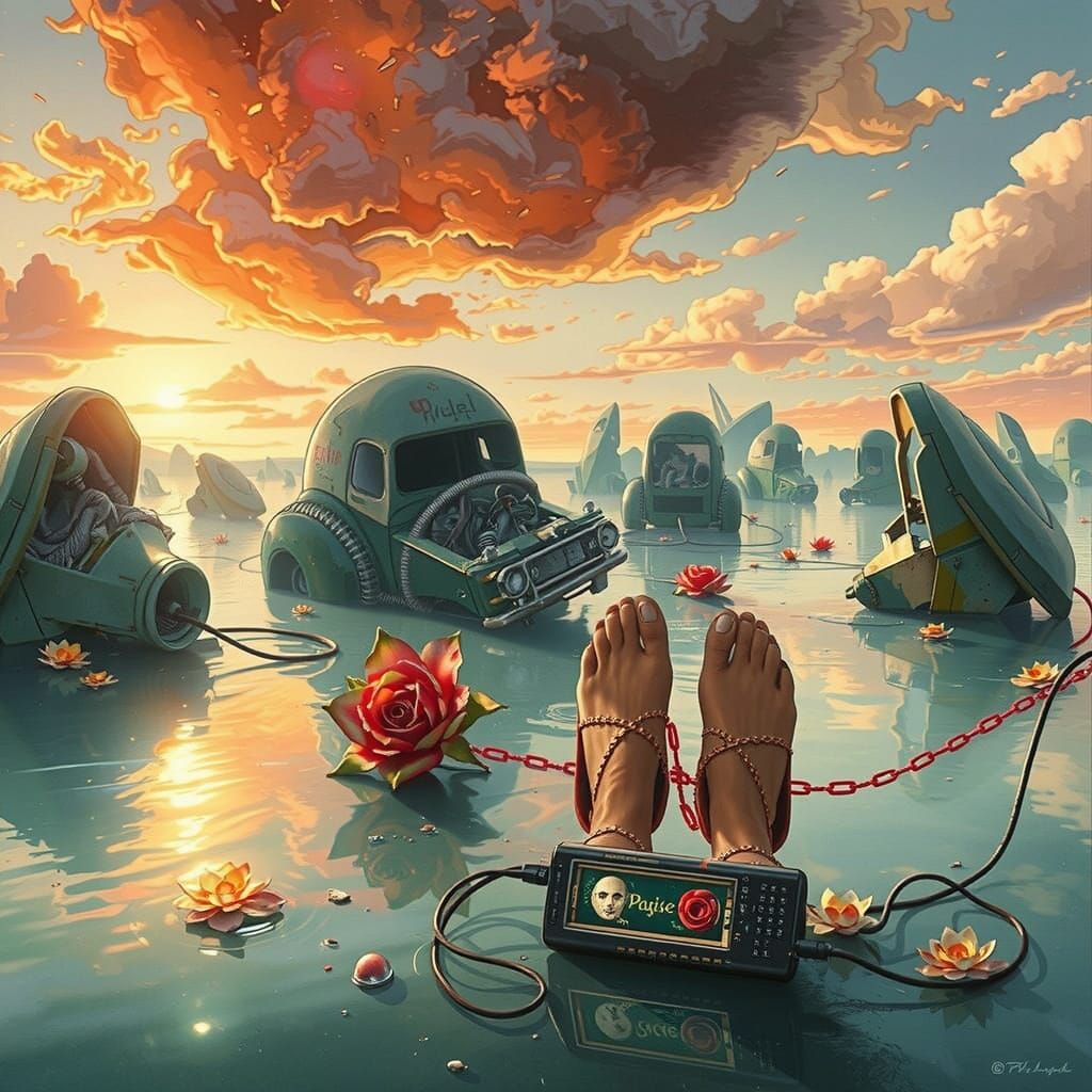 Neon Junkyard AI Core with Roses, in Cyberpunk Style