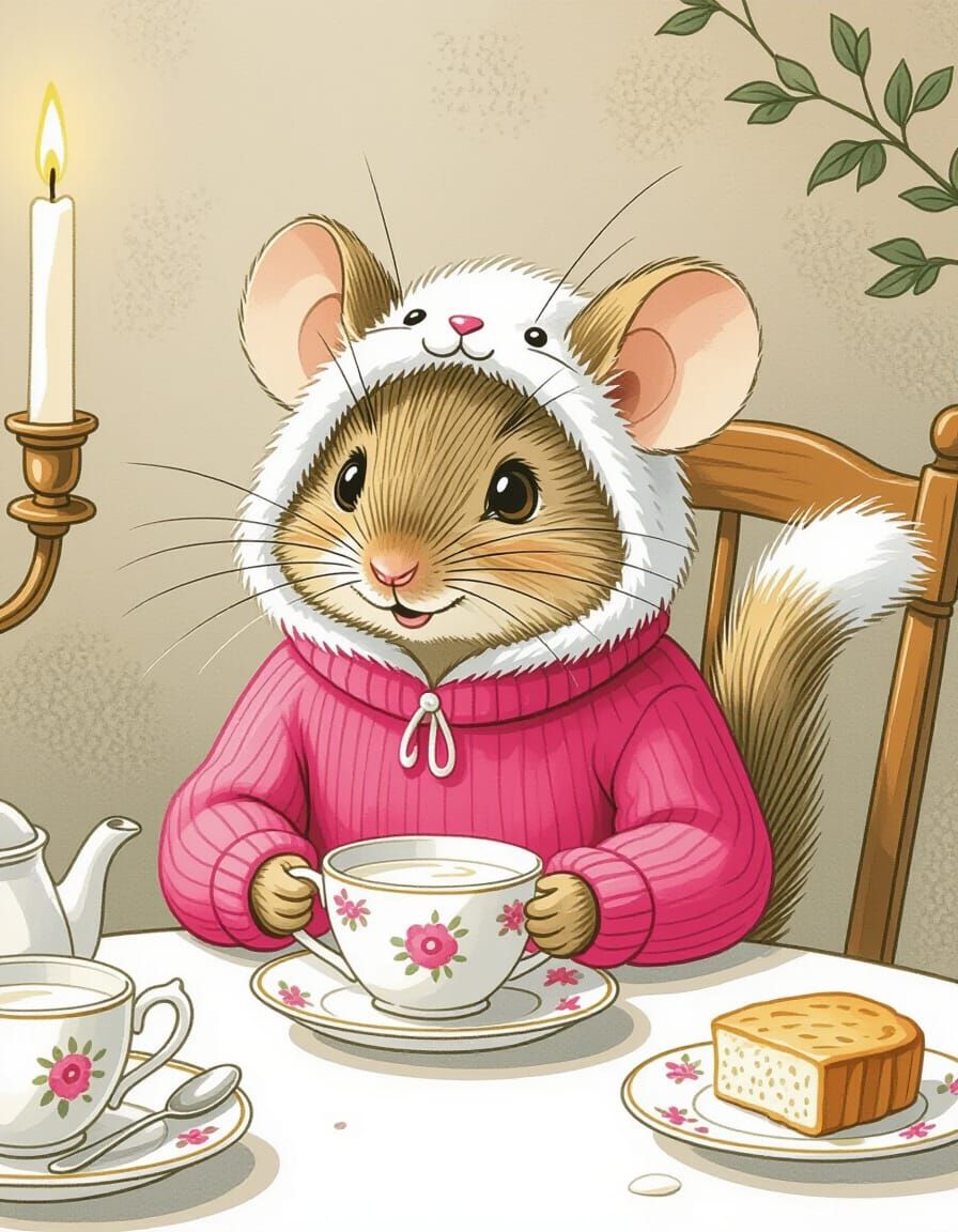 Mouse in Cat Costume at Tea Party, Watercolor Style