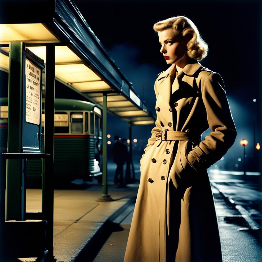 1940s Woman at Bus Stop in Film Noir Style