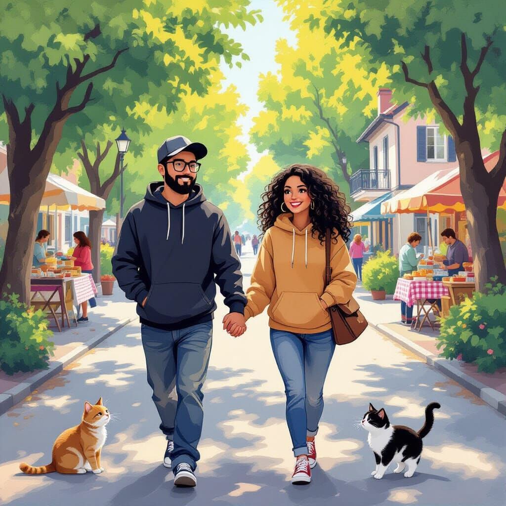 Couple in Hoodies Walking by Tree-Lined Road with New House