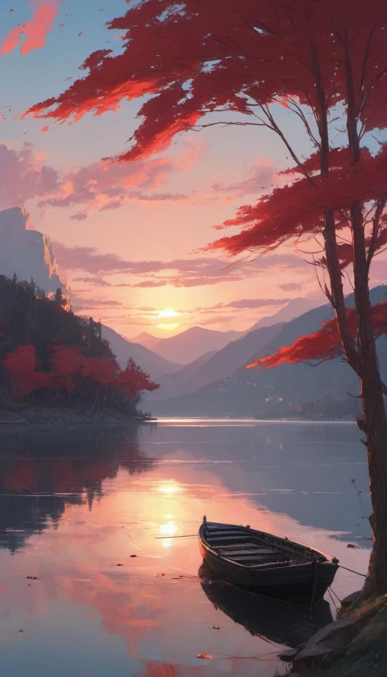 Lake Landscape with Red Trees in Anime Style