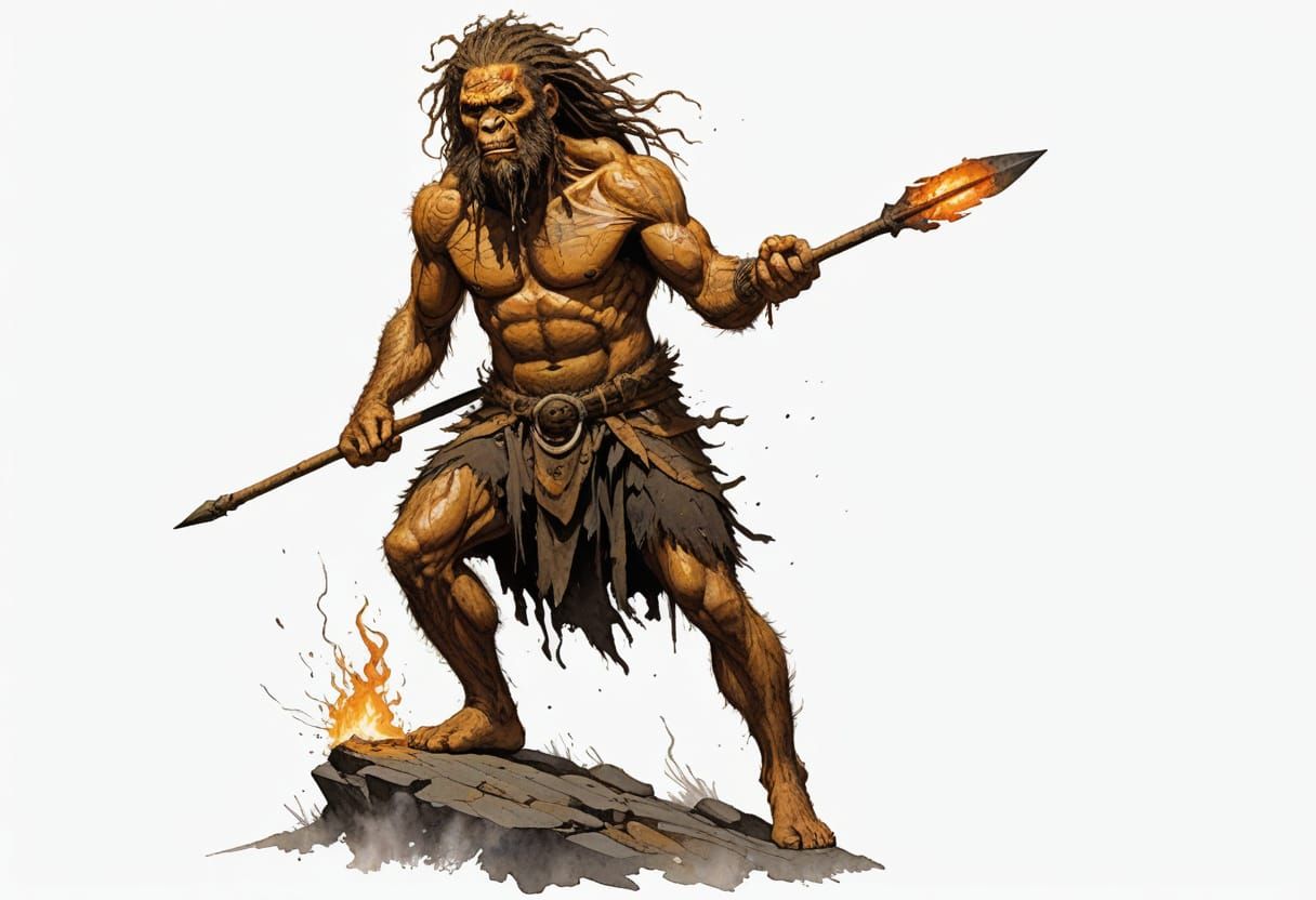 Primal Neanderthal Warrior in Fiery Ritual
