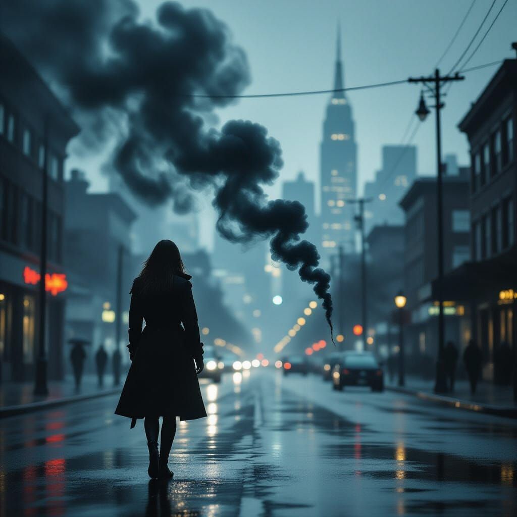 Detective in Smoke Trench Coat on Rainy City Street