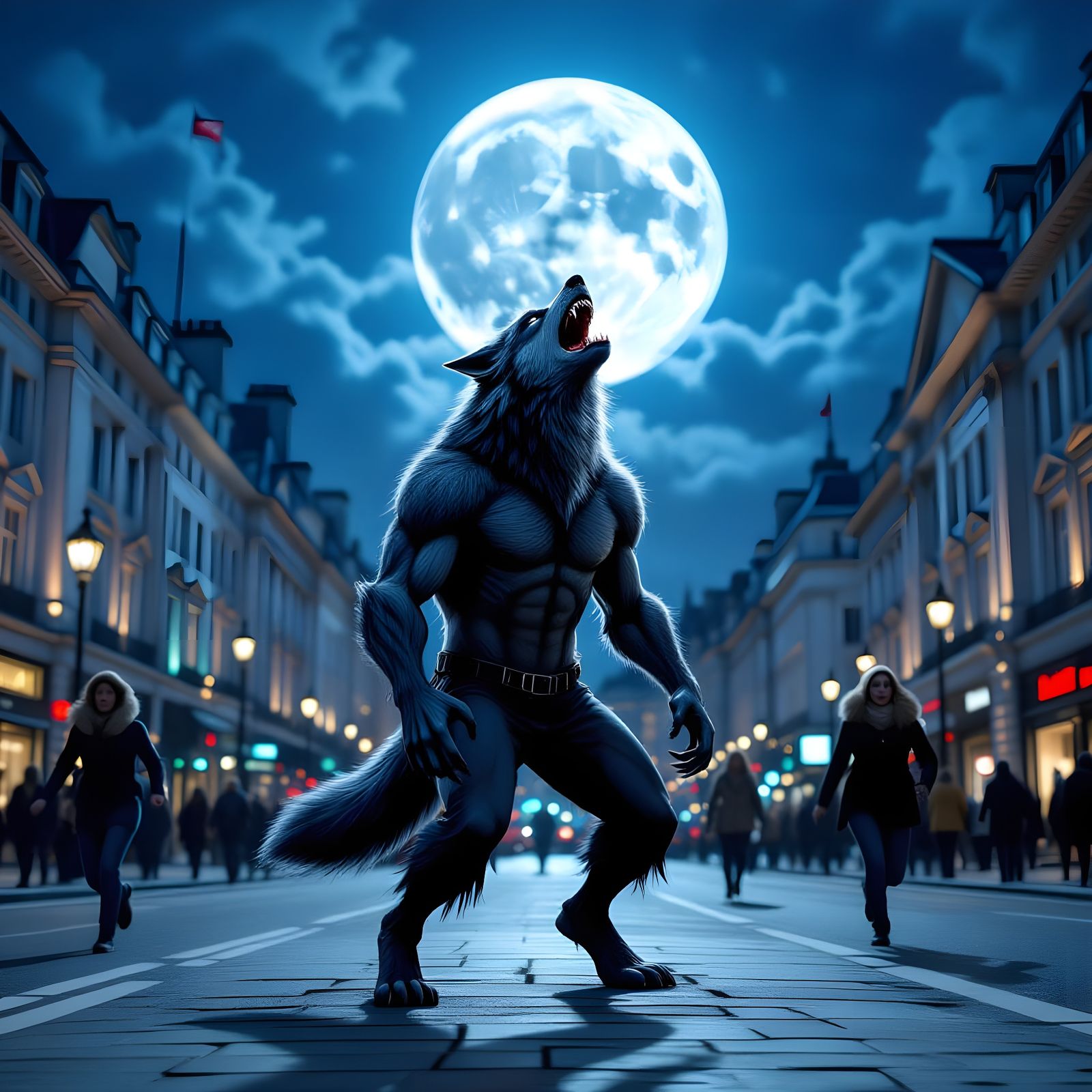 Werewolf Howling in London's Piccadilly Circus