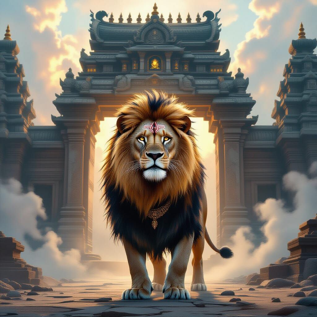 Lion Guarding Temple Gate in Detailed Matte Painting