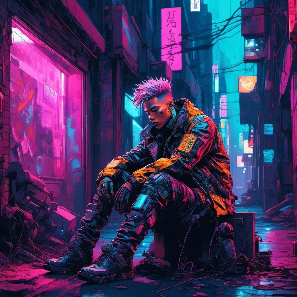 Distressed Cyberpunk Cyborg in Dystopian Cityscape