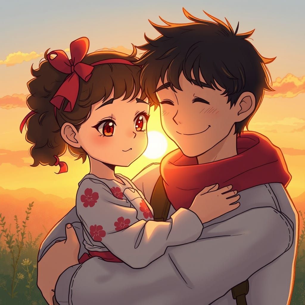 Sunset's Gentle Warmth Surrounds a Girl in a Protective Embr...