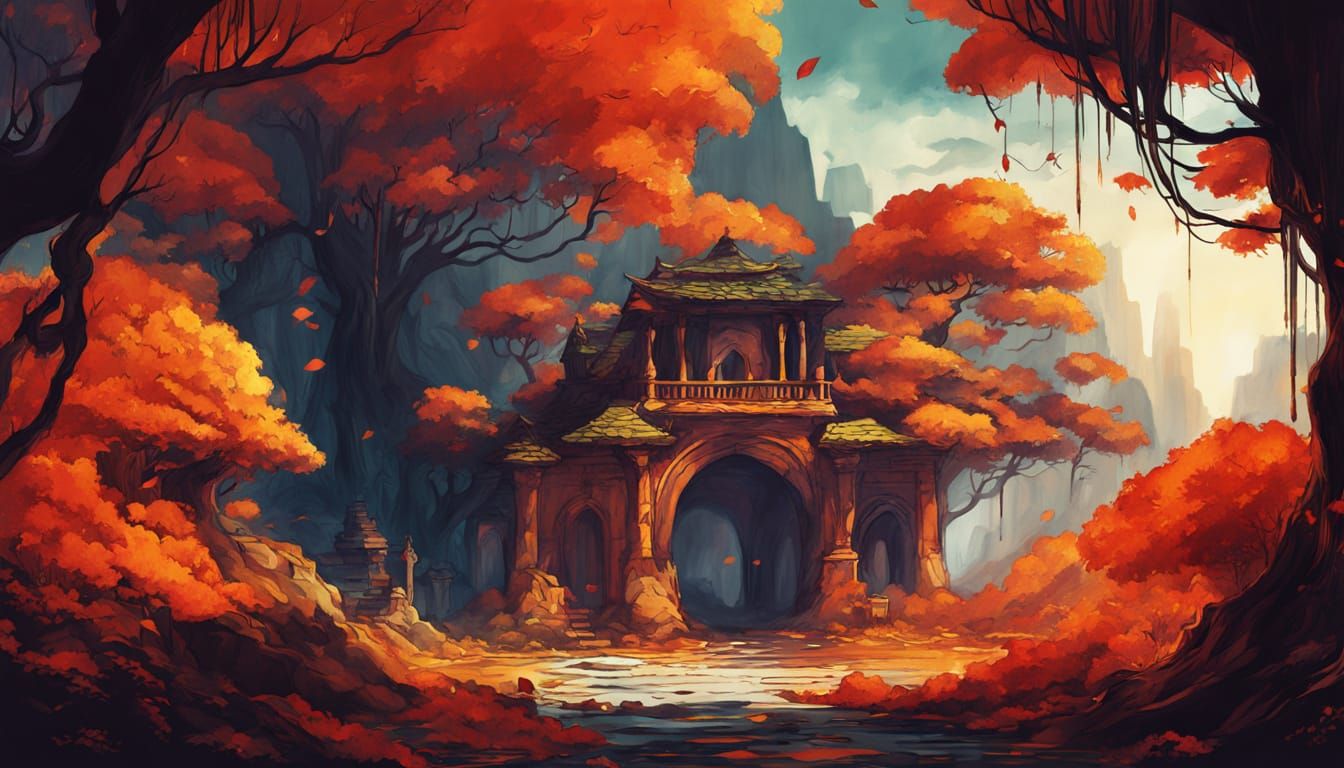 Magical Autumn Cave in Cyberpunk Anime Style