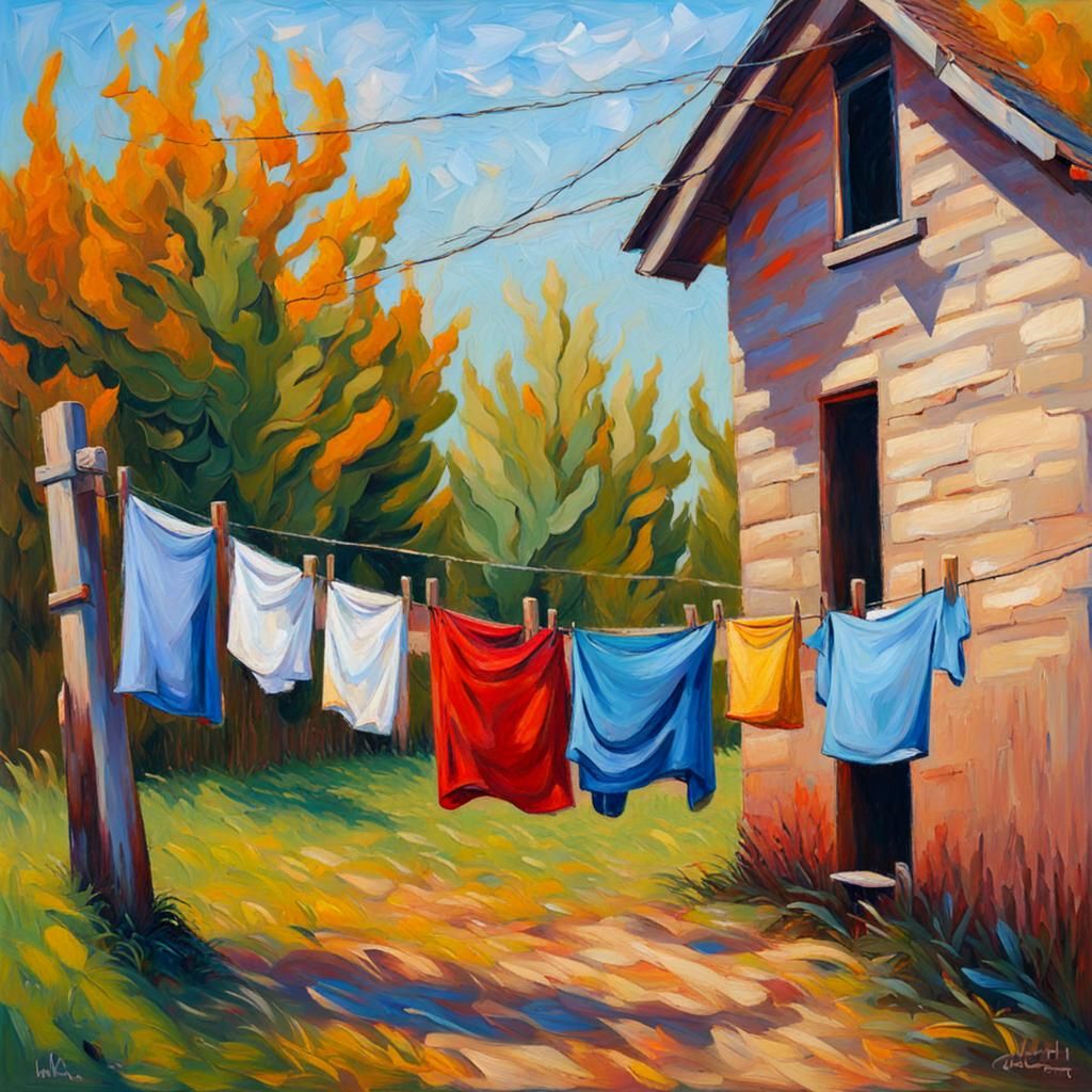 Farm Laundry in Expressionist Oil Painting Style