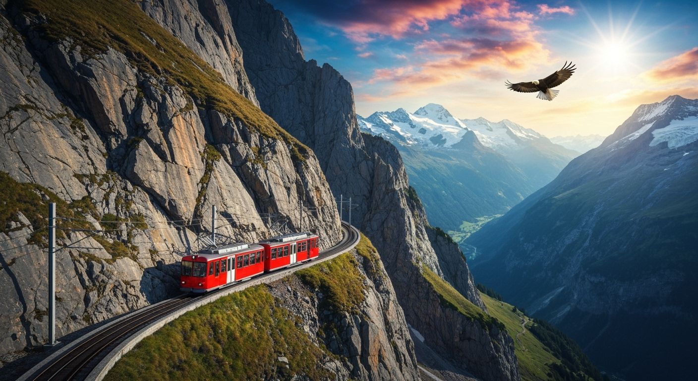 Swiss Alps Panorama with Red Cogwheel Train