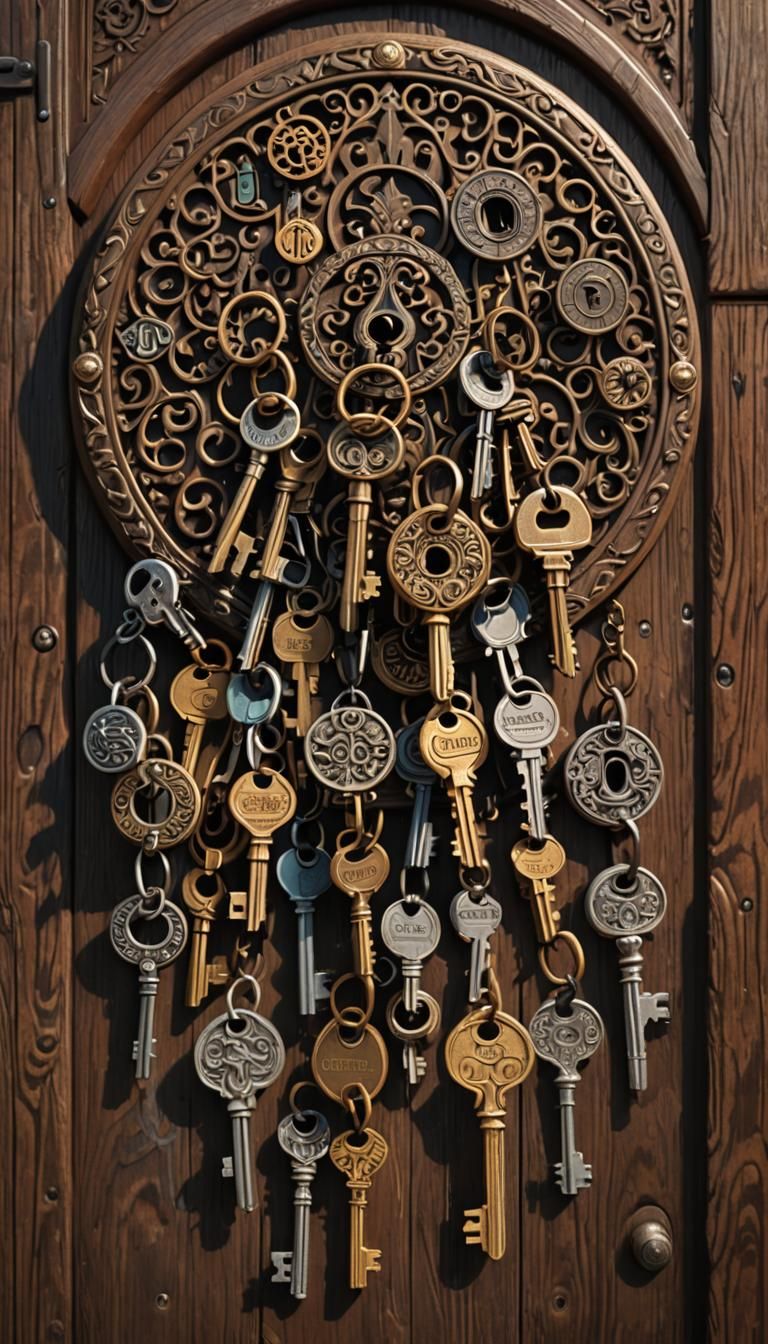 Ornate Keyring with Antique Keys on Wooden Door