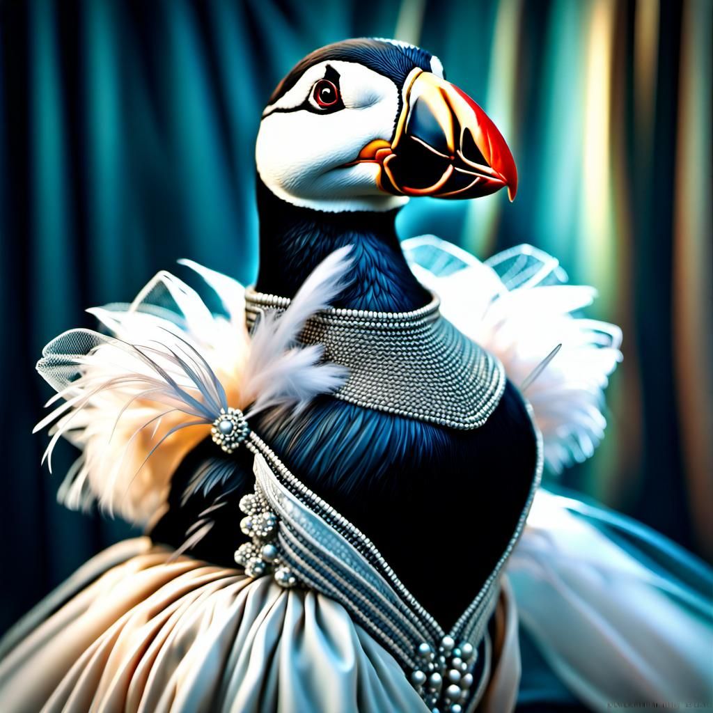 Puffin in Maximalist Ball Gown: Hyperrealistic Portrait