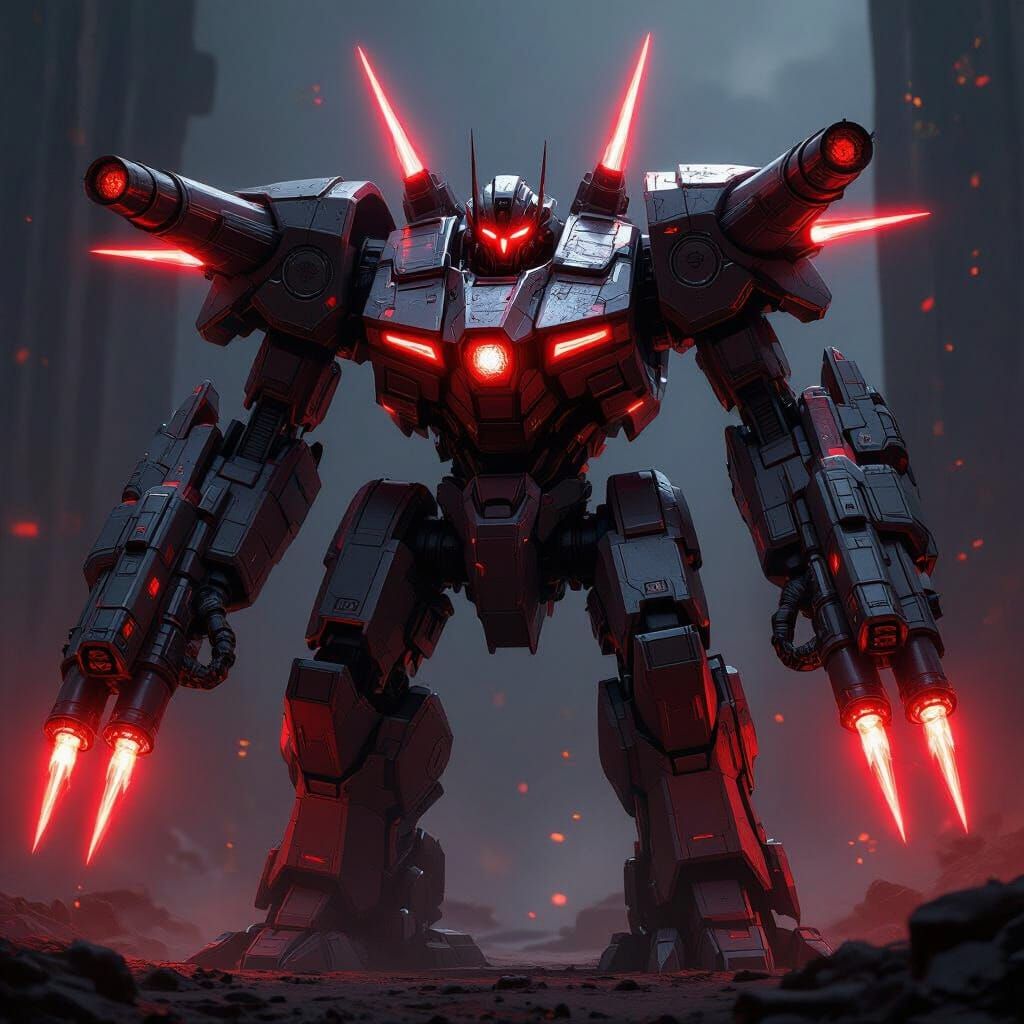 Towering Mech Tyrant Radiates Power with Red Energy