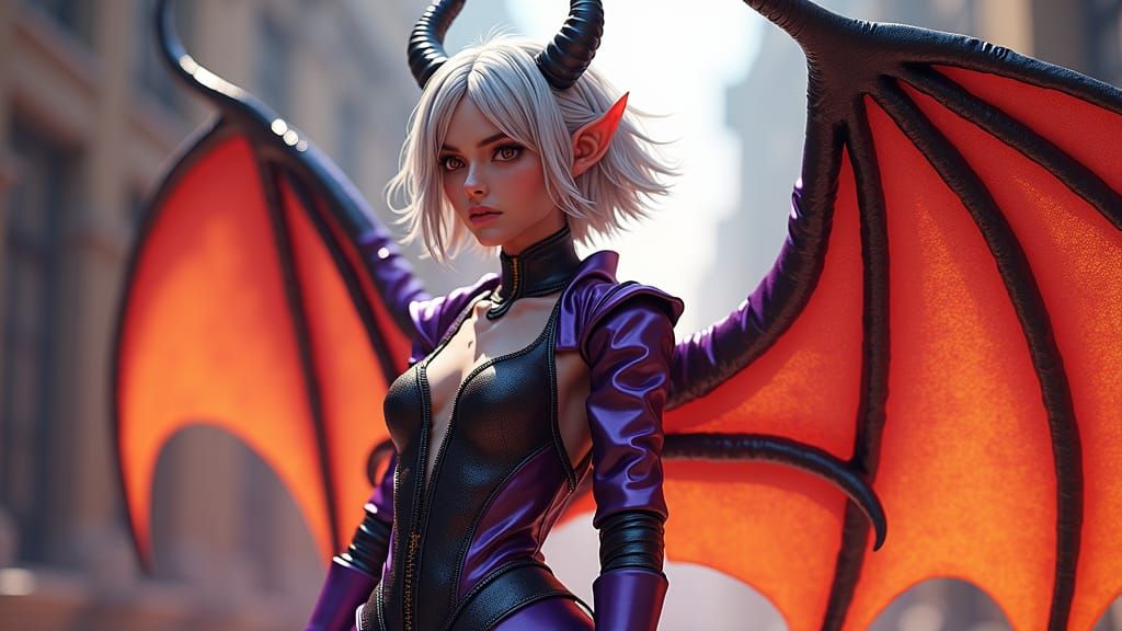 Devil Woman with Platinum Hair in 3D Anime Style