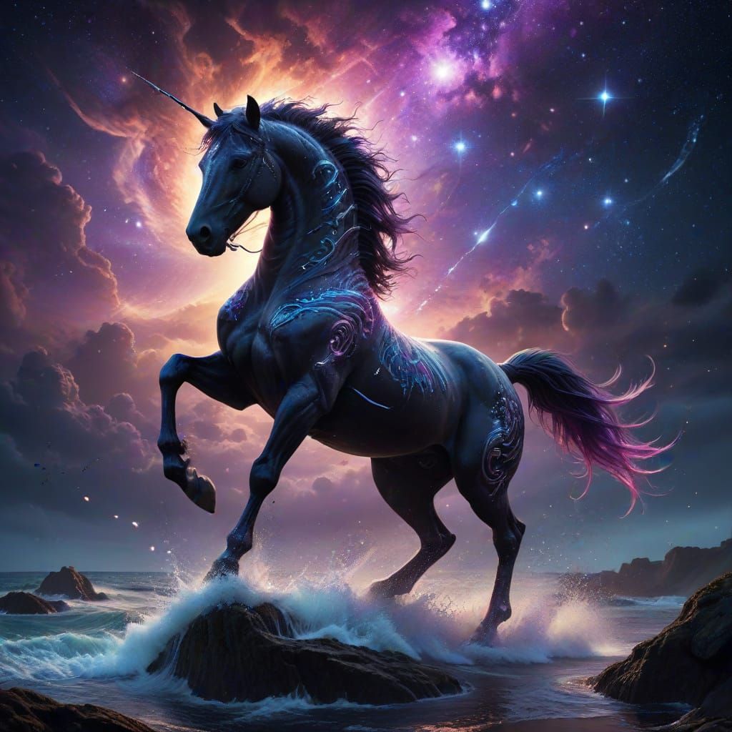 Gothic Steed in Midnight Armor Sprints Through Cosmic Infini...