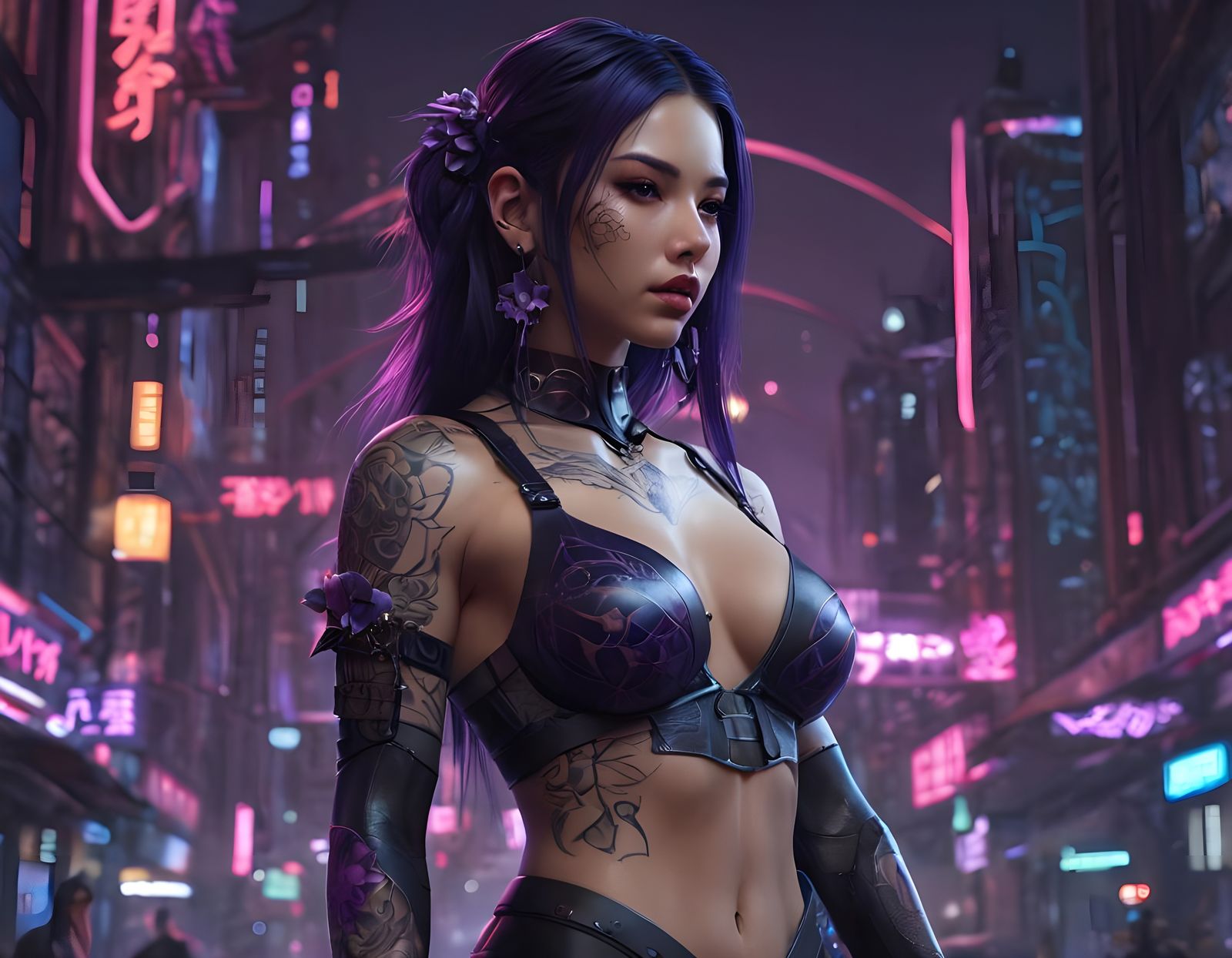 Cyberpunk Woman in Cityscape with Glowing Katana