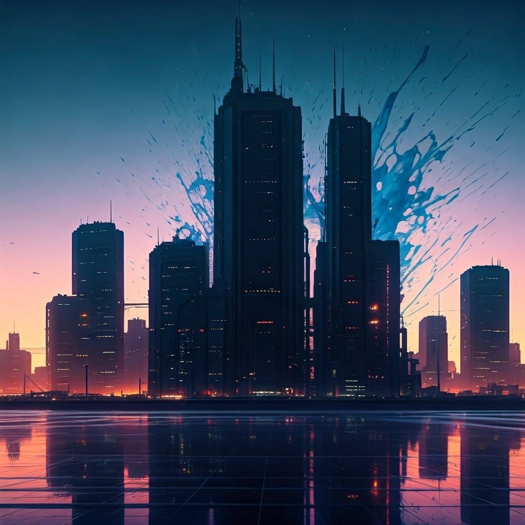 Futuristic Cityscape with Ink Splatter Effects