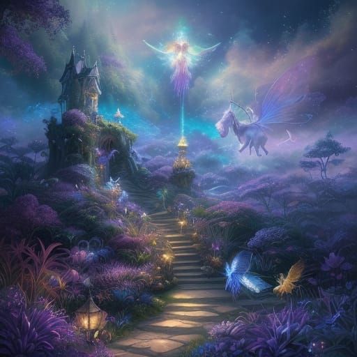 Surreal Fantasy Realm with Glowing Plants and Floating Islan...