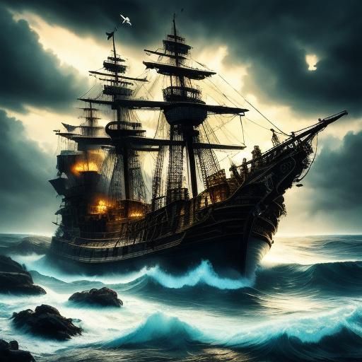 Mysterious Sloop Sails Treacherous Waters: Dark Fantasy Art