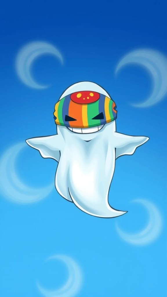 Whimsical Anime Ghost in Colorful Striped Mask