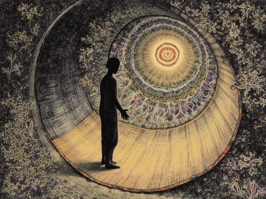 Surreal Figure Before Glowing Mandala Parchment