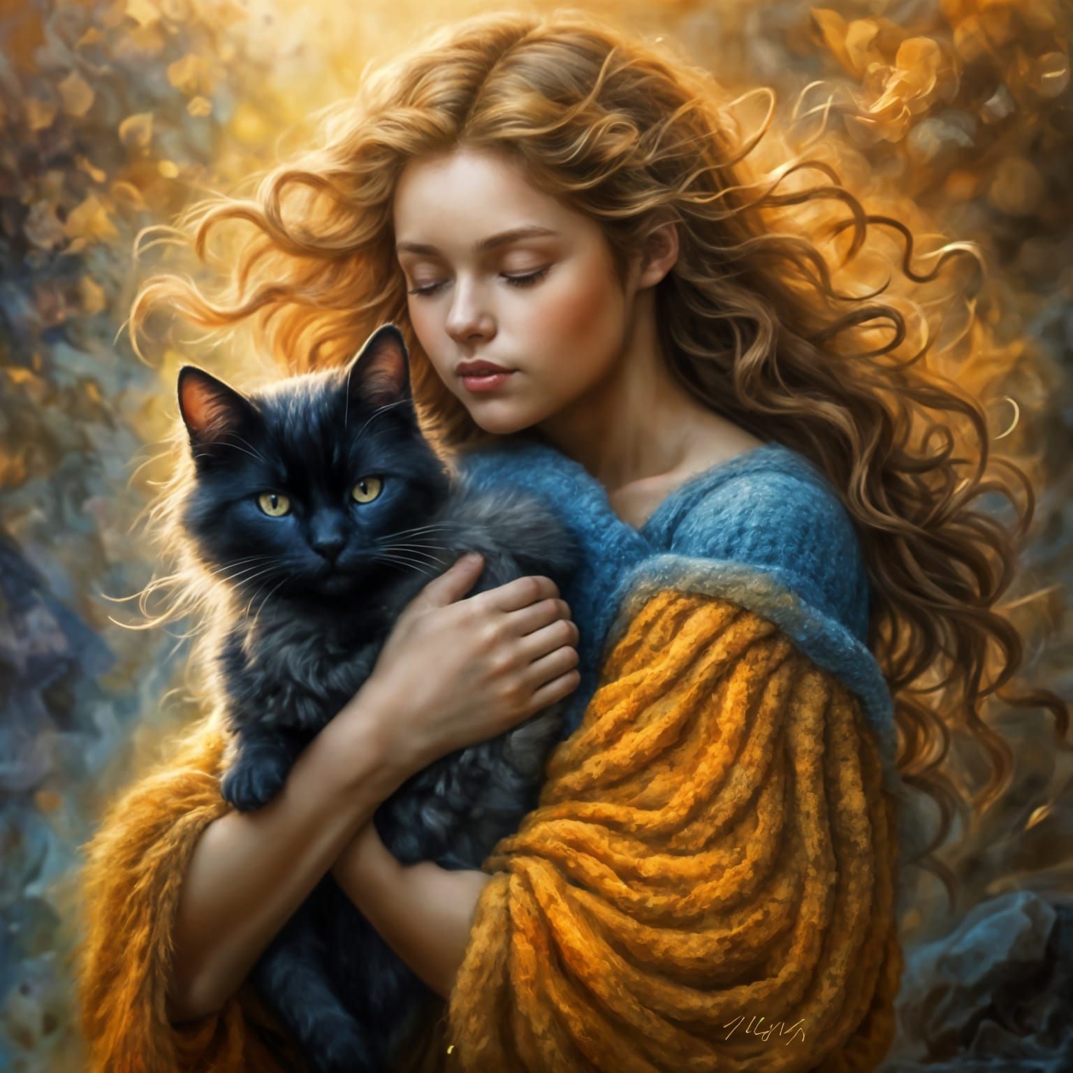Girl Hugging Black Cat in Dreamy Oil Painting