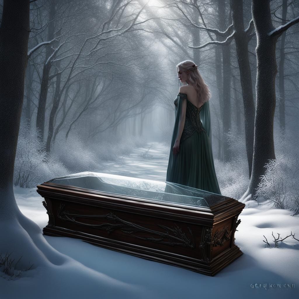 Glass Coffin in Snowy Woods: Dark Fantasy Art