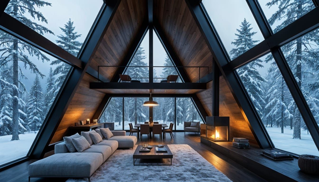 Modern A-Frame Cabin Interior Overlooking Snowy Forest