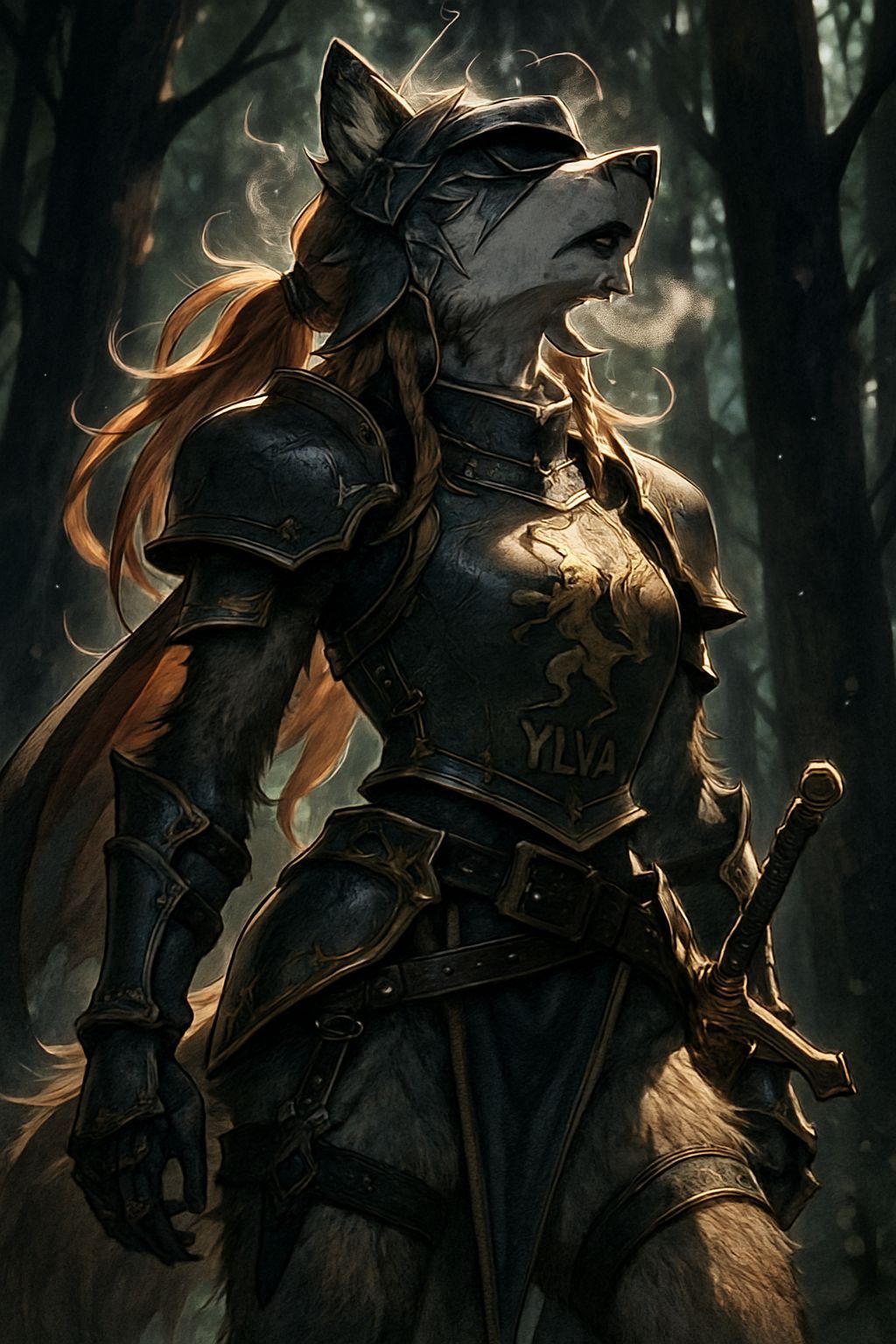 Furry Knight Wolf Standing Guard in Dark Forest