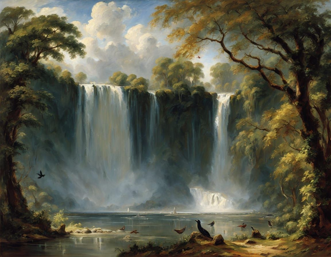 Ethereal Tropical Waterfall Scene in Painterly Style