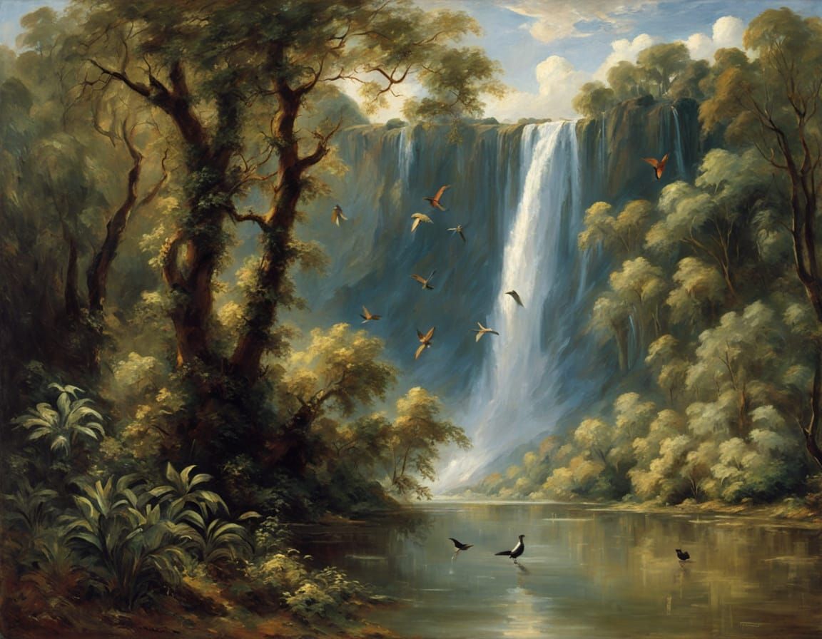 Misty Tropical Waterfall in Painterly Style