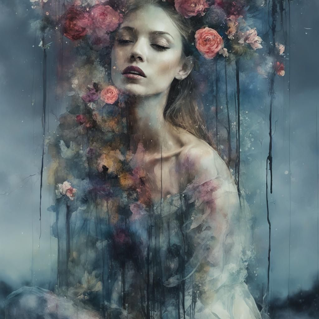 Floral Double Exposure Dancer in Watercolor Style