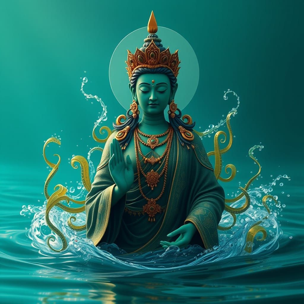 Ethereal Goddess of the Ocean in Vibrant Blue-Green Hues