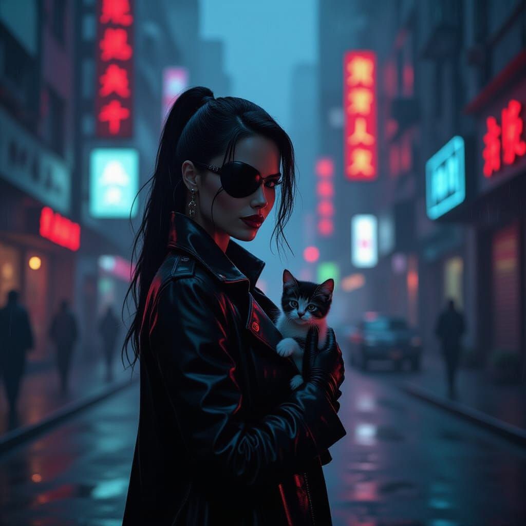 Woman With Eyepatch and Kitten on Neon Street