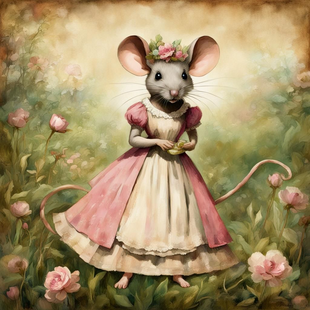 Victorian Mouse in Wildflower Meadow, Detailed Matte Paintin...