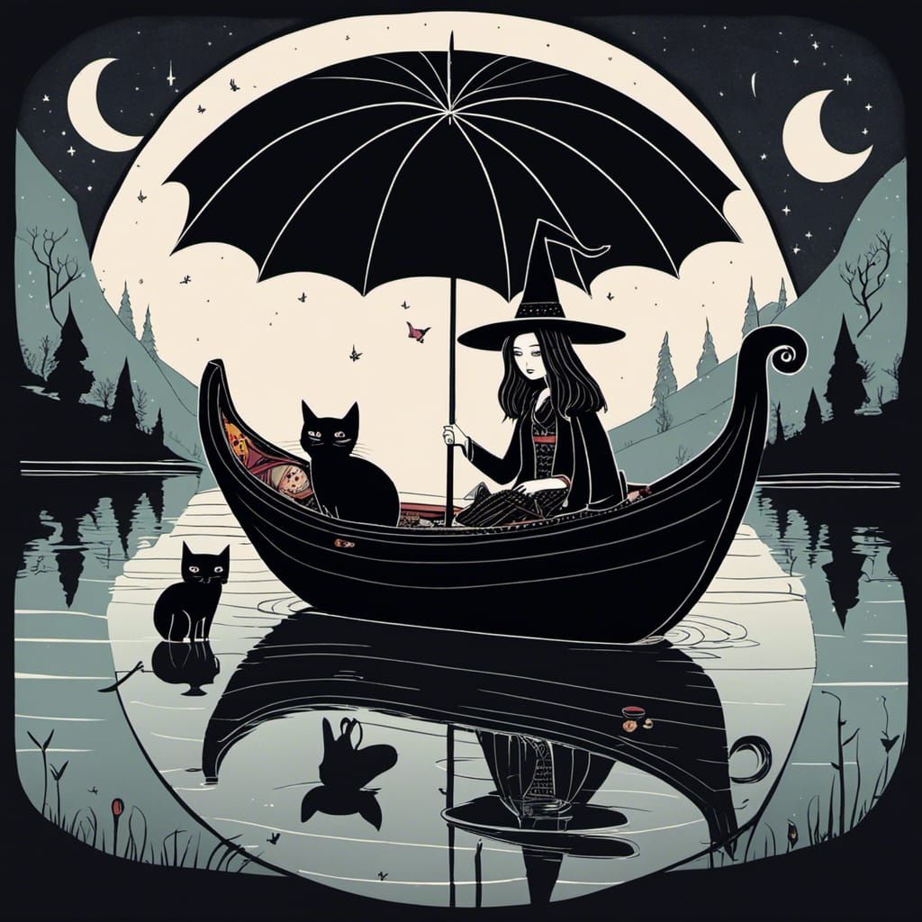 Gothic Witch in Boat on Lake at Night in Art Brut Style
