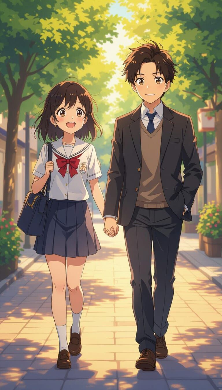 Anya and Loid's Joyful Anime Walk in Golden Hour