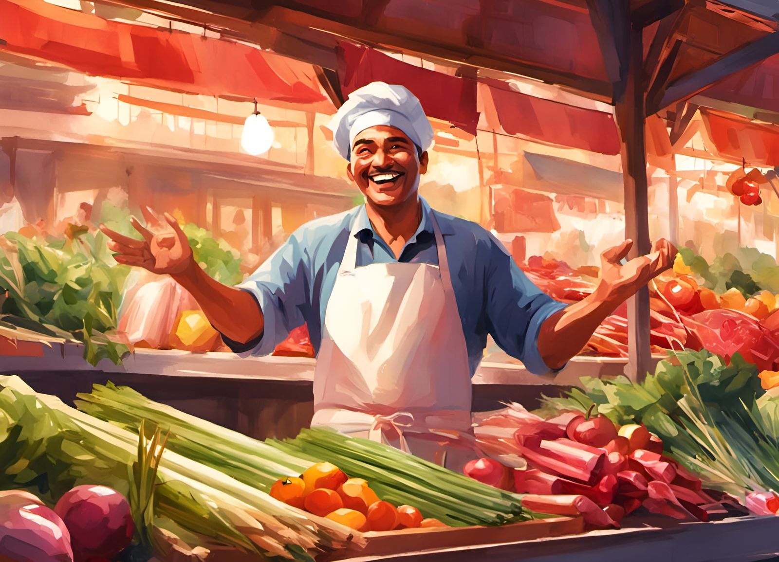 Farmers Market Butcher Stall in Watercolor Style