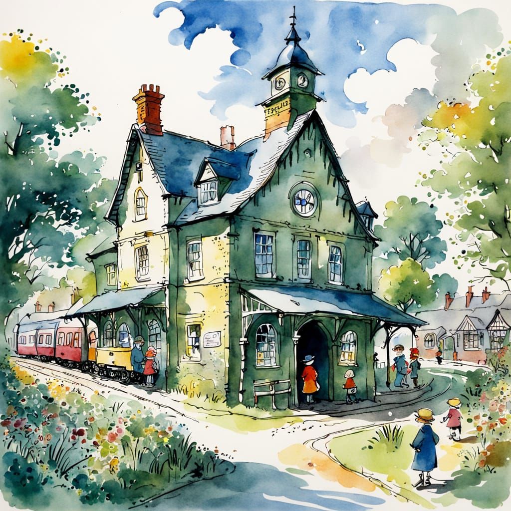 Vintage Watercolor Train Station Illustration