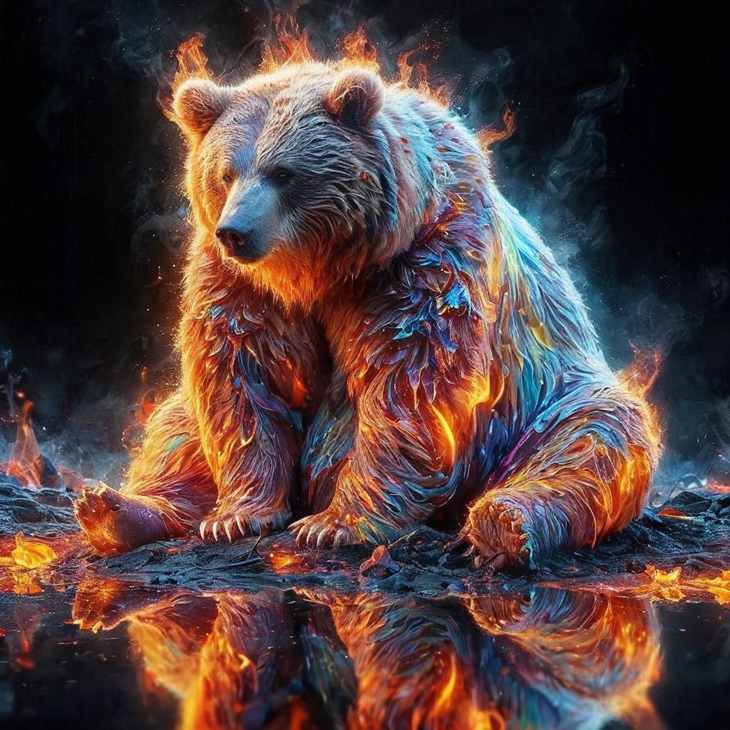 Fiery Dichroic Kodiak Bear in Dark Surroundings