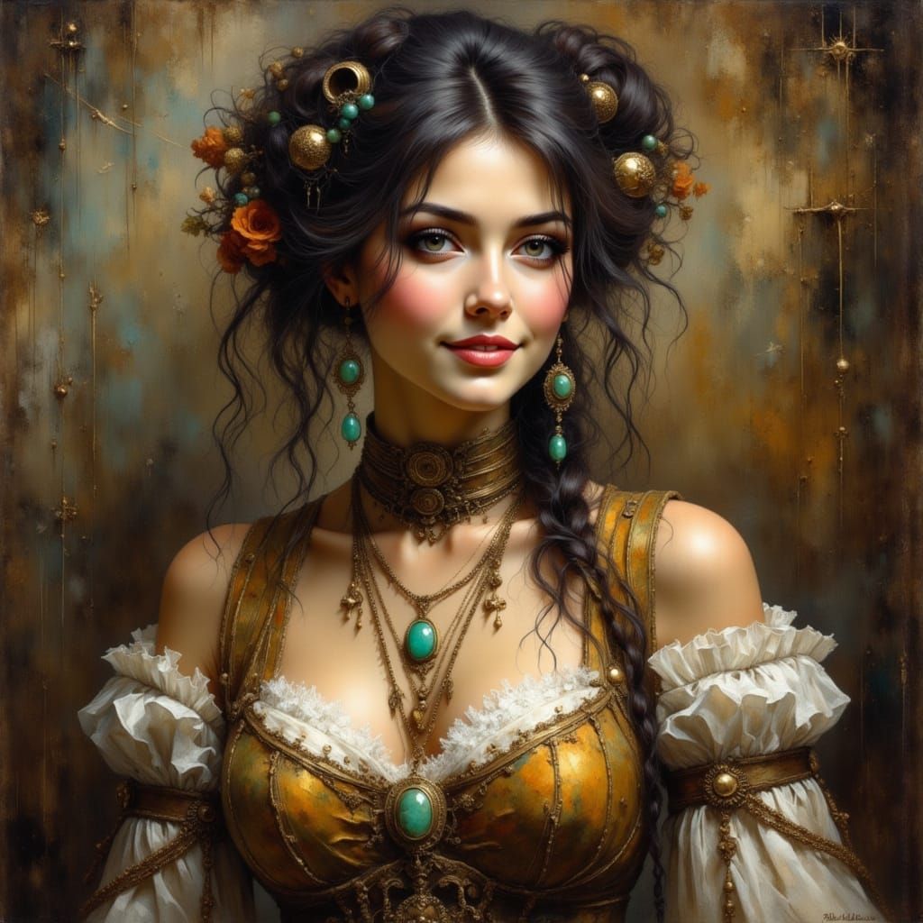 Steampunk Soviet Woman with Jade Necklace in Oil Painting St...
