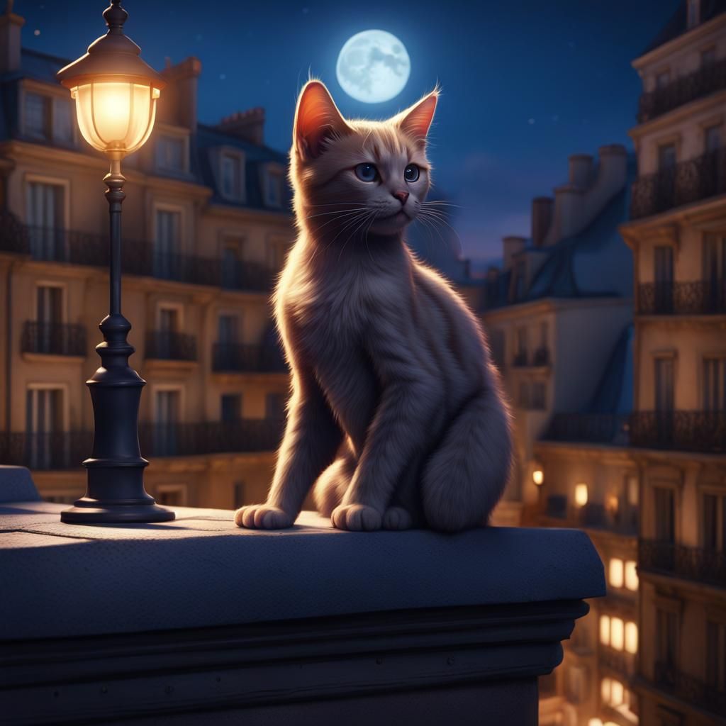 Kitten on Rooftop in Detailed Digital Painting